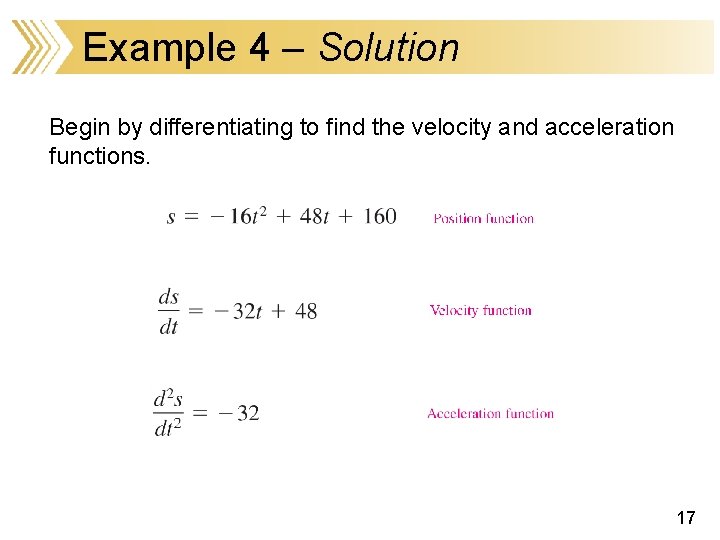 Example 4 – Solution Begin by differentiating to find the velocity and acceleration functions.