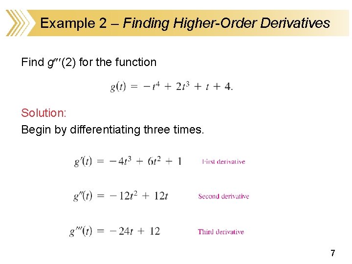 Example 2 – Finding Higher-Order Derivatives Find g (2) for the function Solution: Begin