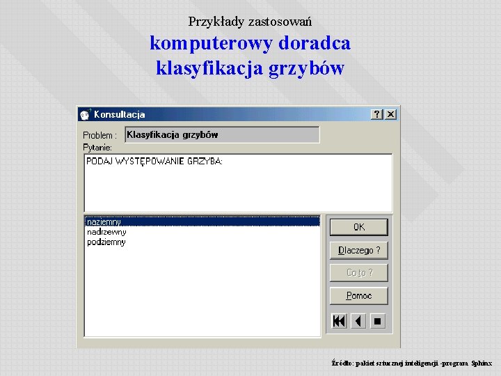 Przykłady zastosowań komputerowy doradca klasyfikacja grzybów Źródło: pakiet sztucznej inteligencji -program Sphinx 