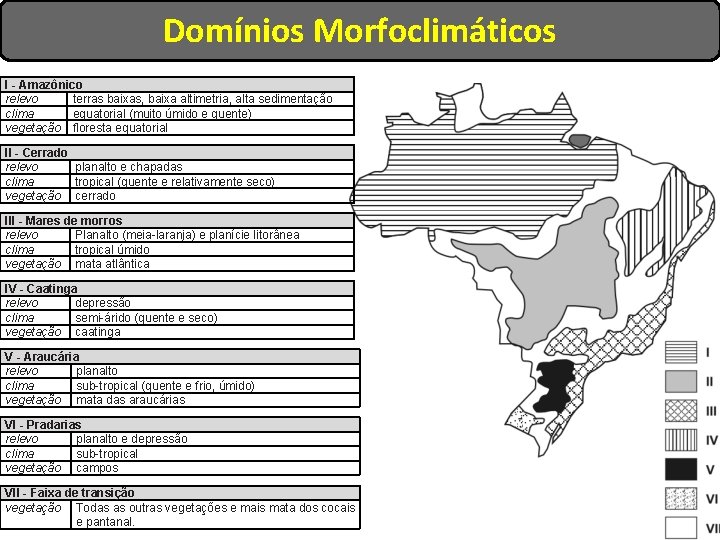 Domínios Morfoclimáticos I - Amazônico relevo terras baixas, baixa altimetria, alta sedimentação clima equatorial Domínios Morfoclimáticos I - Amazônico relevo terras baixas, baixa altimetria, alta sedimentação clima equatorial