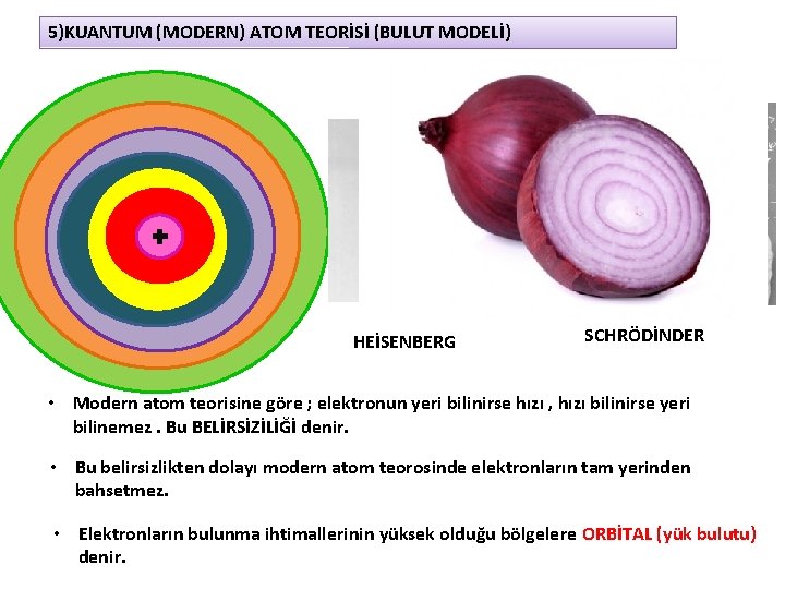 5)KUANTUM (MODERN) ATOM TEORİSİ (BULUT MODELİ) HEİSENBERG SCHRÖDİNDER • Modern atom teorisine göre ;