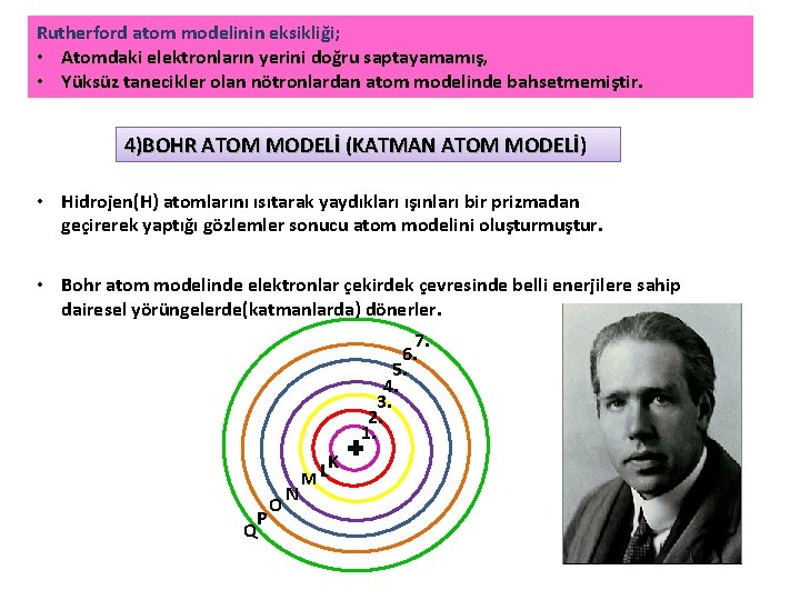 Rutherford atom modelinin eksikliği; • Atomdaki elektronların yerini doğru saptayamamış, • Yüksüz tanecikler olan