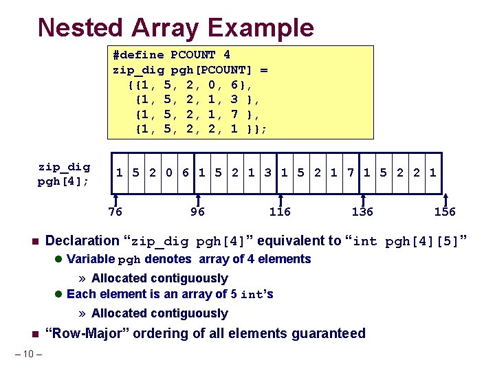 Nested Array Example #define PCOUNT 4 zip_dig pgh[PCOUNT] = {{1, 5, 2, 0, 6},