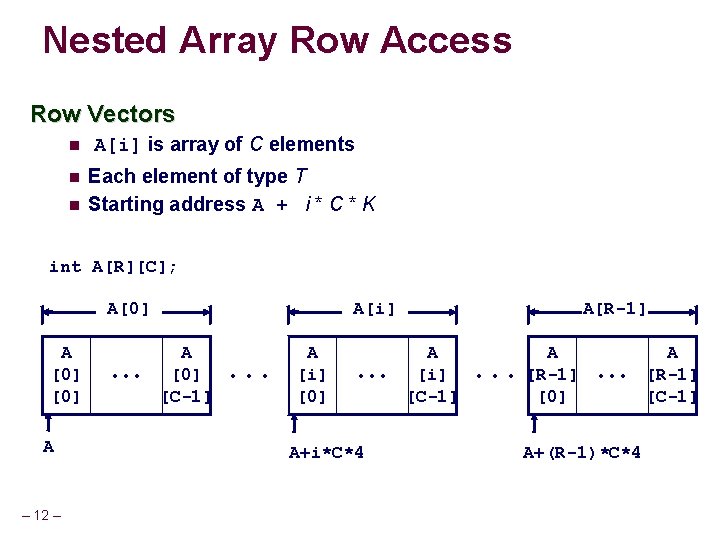 Nested Array Row Access Row Vectors A[i] is array of C elements Each element