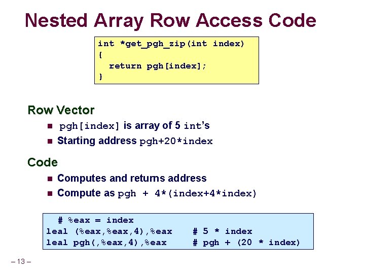 Nested Array Row Access Code int *get_pgh_zip(int index) { return pgh[index]; } Row Vector