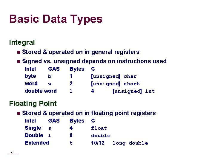 Basic Data Types Integral Stored & operated on in general registers Signed vs. unsigned