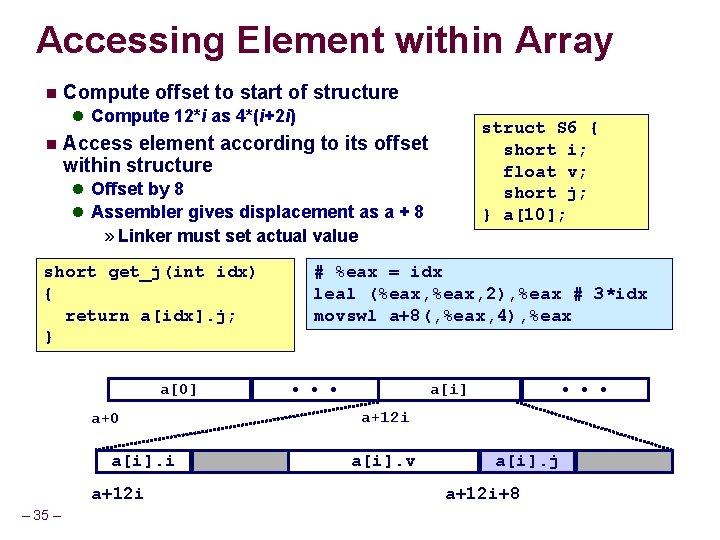 Accessing Element within Array Compute offset to start of structure Compute 12*i as 4*(i+2