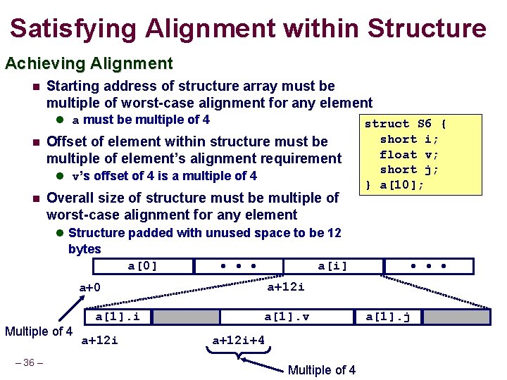 Satisfying Alignment within Structure Achieving Alignment Starting address of structure array must be multiple