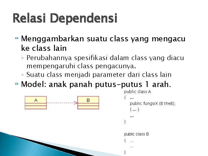 Relasi Dependensi Menggambarkan suatu class yang mengacu ke class lain ◦ Perubahannya spesifikasi dalam