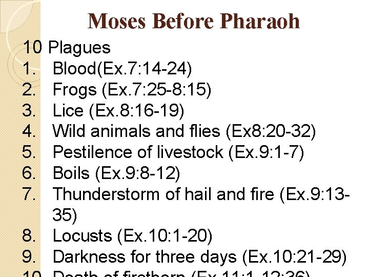 Moses Before Pharaoh 10 Plagues 1. Blood(Ex. 7: 14 -24) 2. Frogs (Ex. 7: