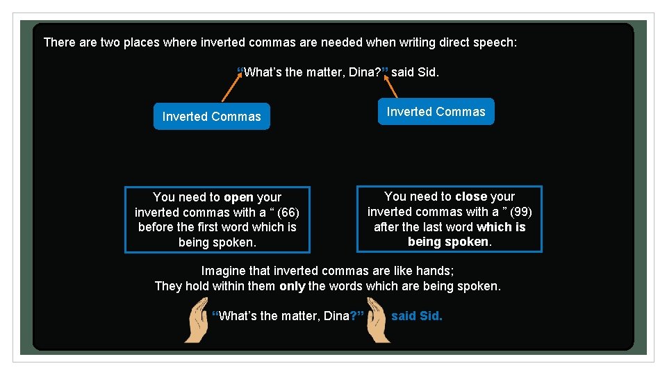There are two places where inverted commas are needed when writing direct speech: “What’s There are two places where inverted commas are needed when writing direct speech: “What’s