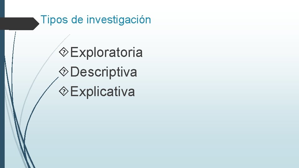 Tipos de investigación Exploratoria Descriptiva Explicativa 