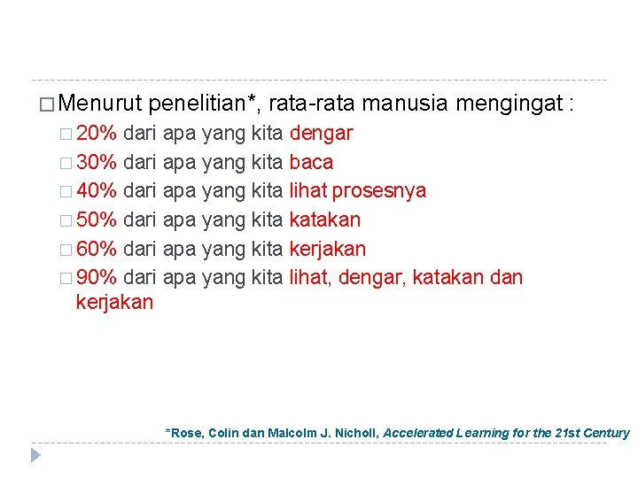 � Menurut penelitian*, rata-rata manusia mengingat : � 20% dari apa yang kita dengar