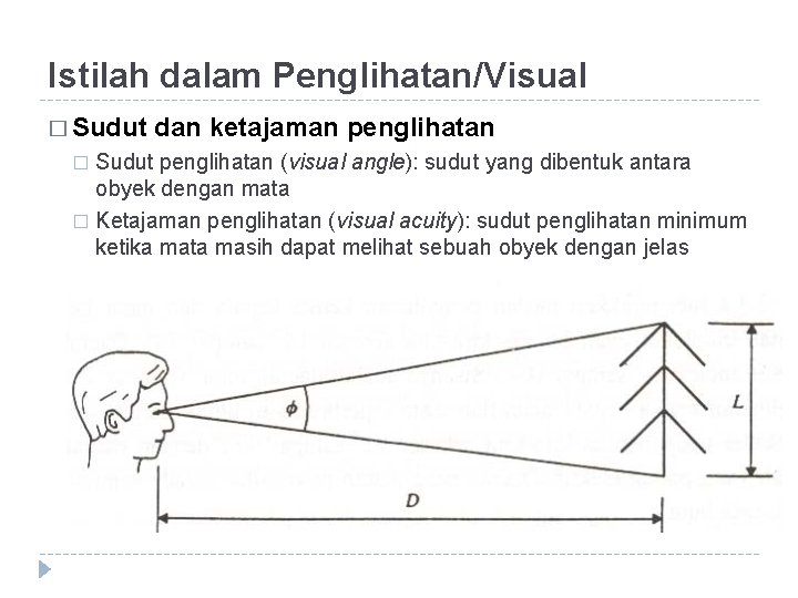 Istilah dalam Penglihatan/Visual � Sudut dan ketajaman penglihatan Sudut penglihatan (visual angle): sudut yang