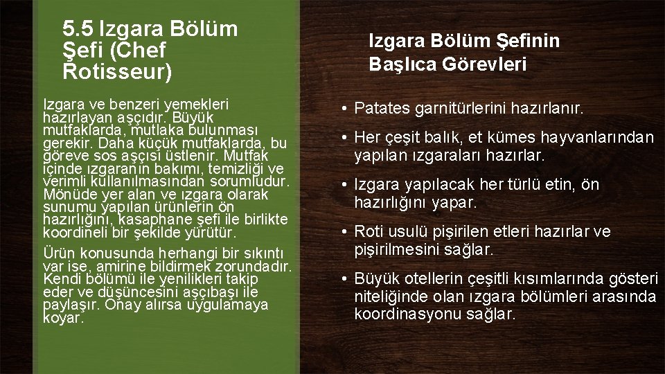 5. 5 Izgara Bölüm Şefi (Chef Rotisseur) Izgara ve benzeri yemekleri hazırlayan aşçıdır. Büyük 5. 5 Izgara Bölüm Şefi (Chef Rotisseur) Izgara ve benzeri yemekleri hazırlayan aşçıdır. Büyük