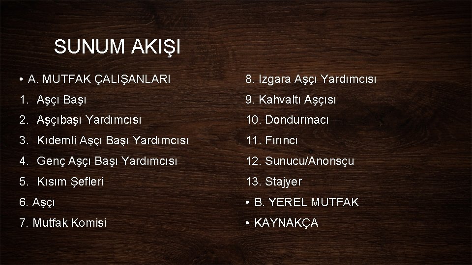 SUNUM AKIŞI • A. MUTFAK ÇALIŞANLARI 8. Izgara Aşçı Yardımcısı 1. Aşçı Başı 9. SUNUM AKIŞI • A. MUTFAK ÇALIŞANLARI 8. Izgara Aşçı Yardımcısı 1. Aşçı Başı 9.