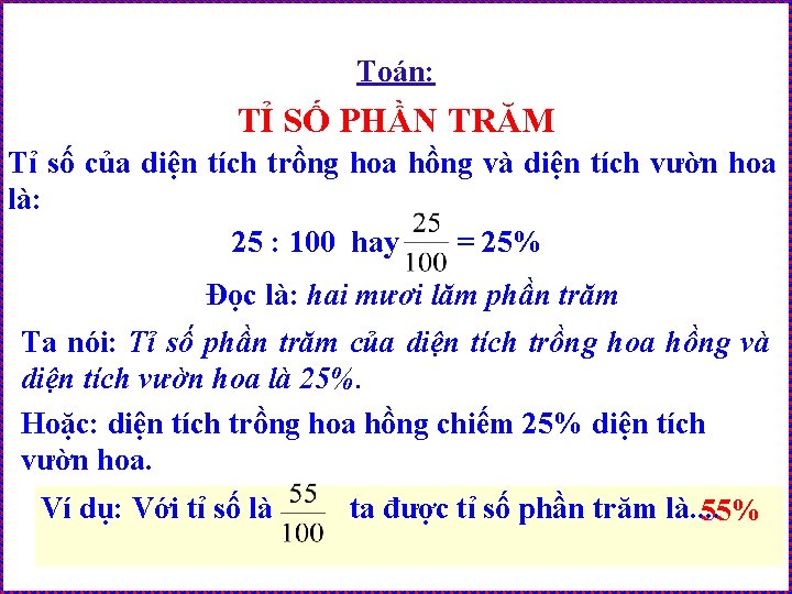 Toán: TỈ SỐ PHẦN TRĂM Tỉ số của diện tích trồng hoa hồng và