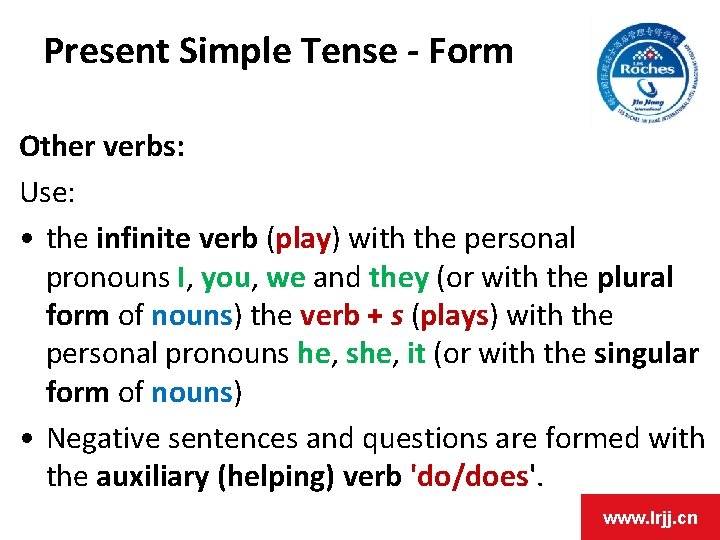 Present Simple Tense - Form Other verbs: Use: • the infinite verb (play) with