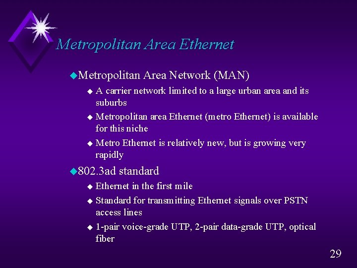Metropolitan Area Ethernet u. Metropolitan Area Network (MAN) A carrier network limited to a Metropolitan Area Ethernet u. Metropolitan Area Network (MAN) A carrier network limited to a