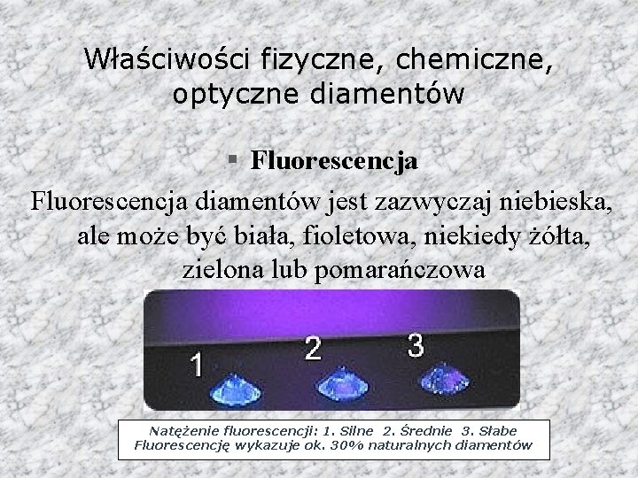 Właściwości fizyczne, chemiczne, optyczne diamentów § Fluorescencja diamentów jest zazwyczaj niebieska, ale może być