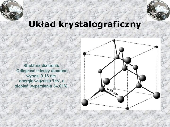 Układ krystalograficzny Struktura diamentu. Odległość między atomami wynosi 0, 15 nm, energia wiązania 7
