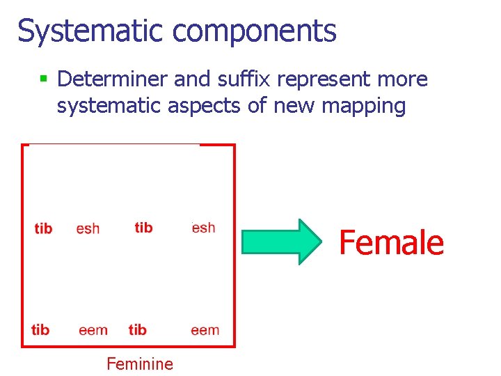Systematic components § Determiner and suffix represent more systematic aspects of new mapping Female Systematic components § Determiner and suffix represent more systematic aspects of new mapping Female