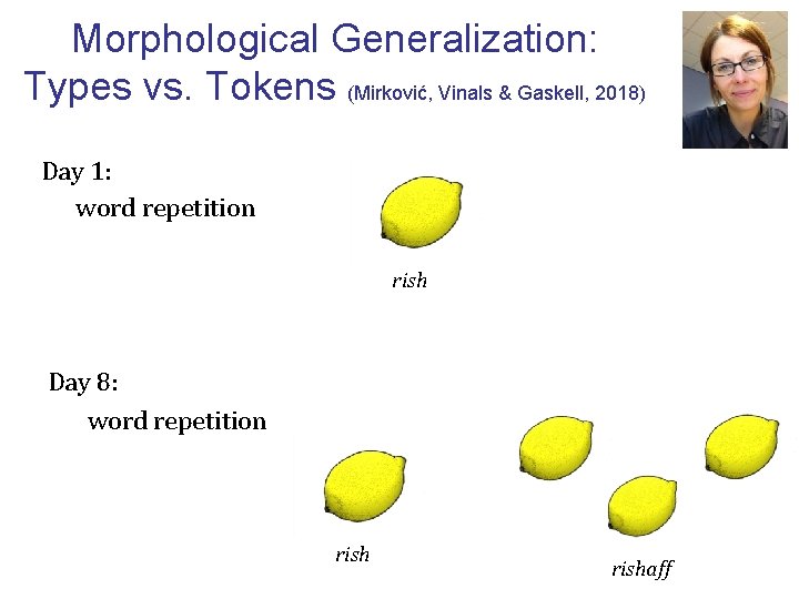 Morphological Generalization: Types vs. Tokens (Mirković, Vinals & Gaskell, 2018) Day 1: word repetition Morphological Generalization: Types vs. Tokens (Mirković, Vinals & Gaskell, 2018) Day 1: word repetition