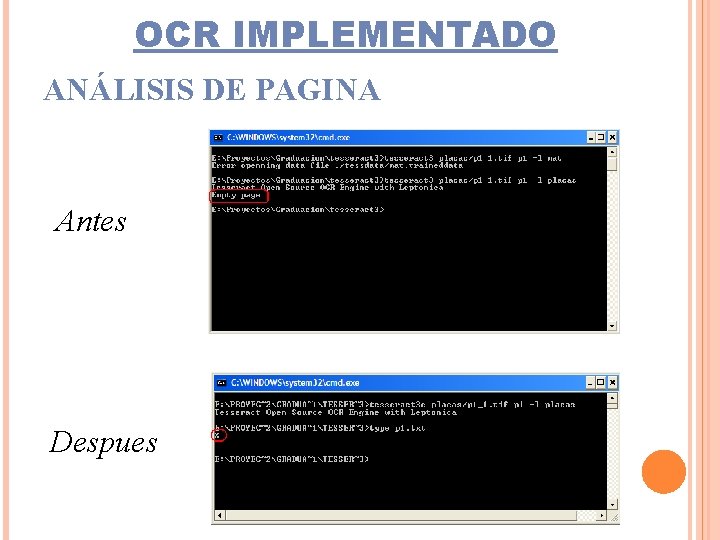 OCR IMPLEMENTADO ANÁLISIS DE PAGINA Antes Despues 