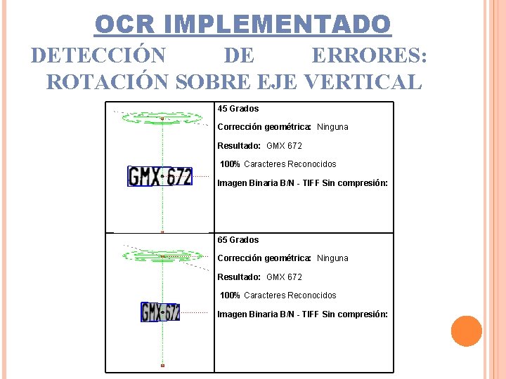 OCR IMPLEMENTADO DETECCIÓN DE ERRORES: ROTACIÓN SOBRE EJE VERTICAL 45 Grados Corrección geométrica: Ninguna