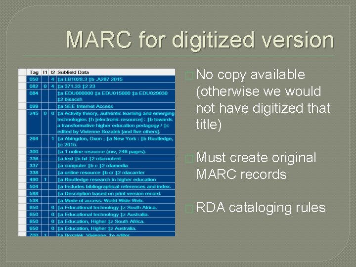 MARC for digitized version � No copy available (otherwise we would not have digitized