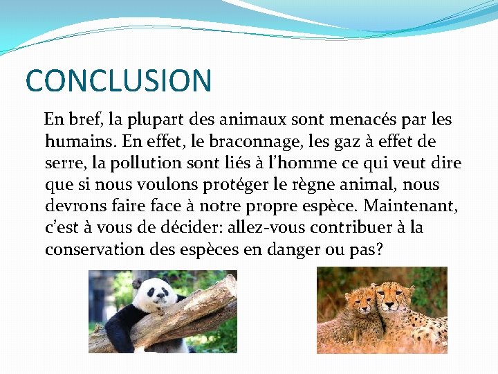 CONCLUSION En bref, la plupart des animaux sont menacés par les humains. En effet,