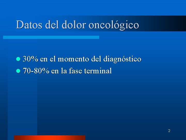 Datos del dolor oncológico l 30% en el momento del diagnóstico l 70 -80% Datos del dolor oncológico l 30% en el momento del diagnóstico l 70 -80%