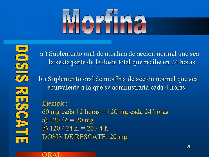 a ) Suplemento oral de morfina de acción normal que sea la sexta parte