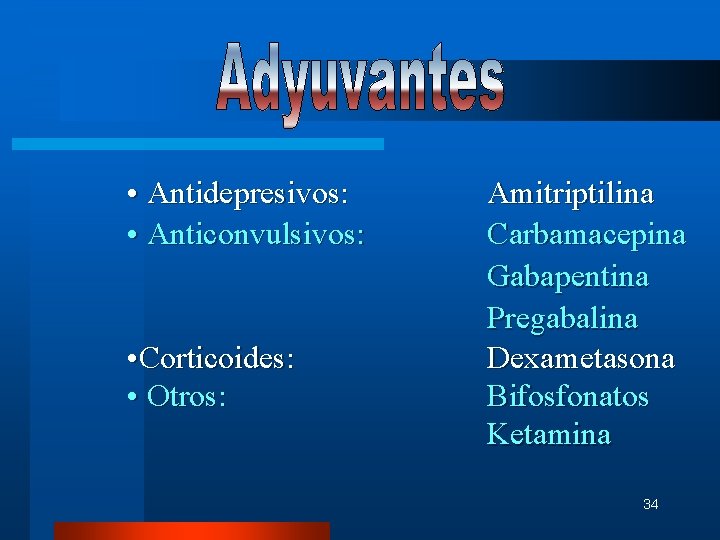  • Antidepresivos: • Anticonvulsivos: • Corticoides: • Otros: Amitriptilina Carbamacepina Gabapentina Pregabalina Dexametasona