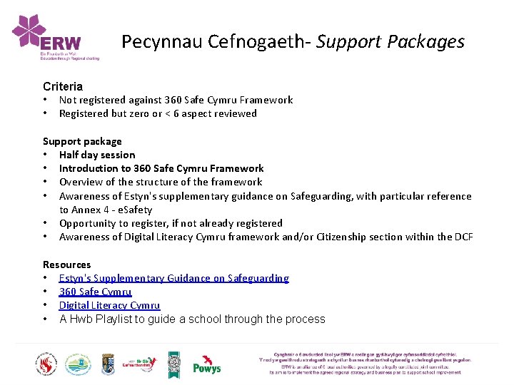 Pecynnau Cefnogaeth- Support Packages Criteria • Not registered against 360 Safe Cymru Framework •