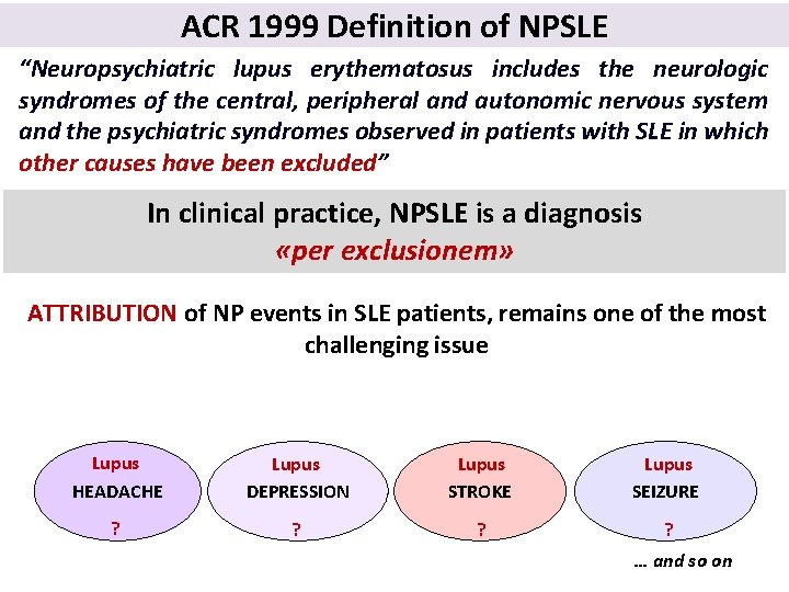 ACR 1999 Definition of NPSLE “Neuropsychiatric lupus erythematosus includes the neurologic syndromes of the