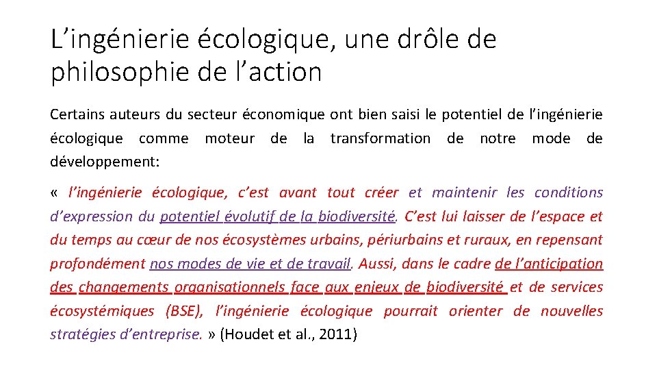 L’ingénierie écologique, une drôle de philosophie de l’action Certains auteurs du secteur économique ont