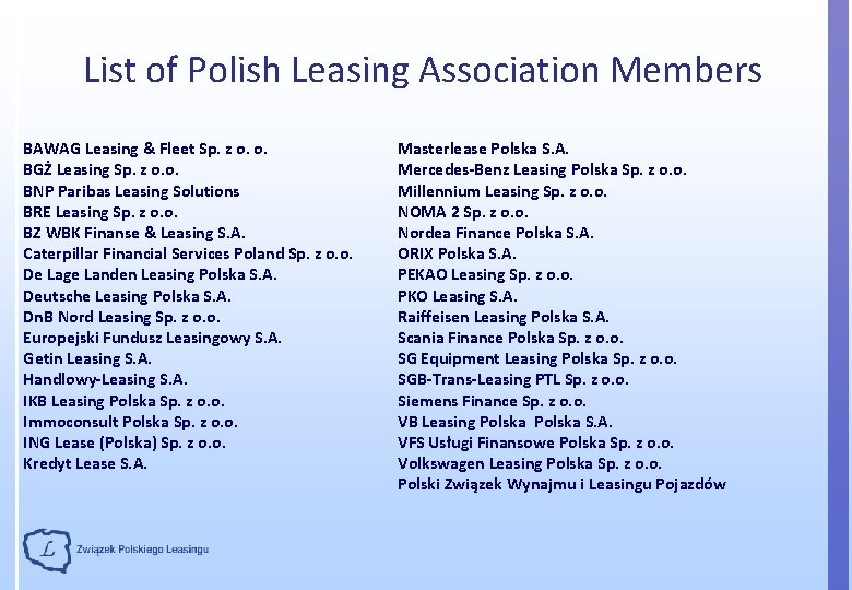 List of Polish Leasing Association Members BAWAG Leasing & Fleet Sp. z o. o.