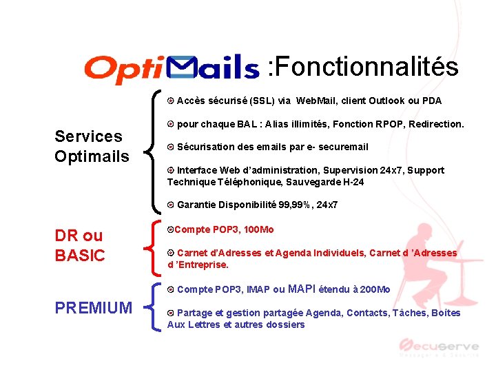 e-securemail : Fonctionnalités Accès sécurisé (SSL) via Web. Mail, client Outlook ou PDA Services