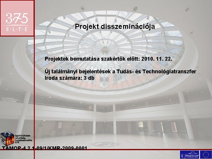 Projekt disszeminációja Projektek bemutatása szakértők előtt: 2010. 11. 22. Új találmányi bejelentések a Tudás-