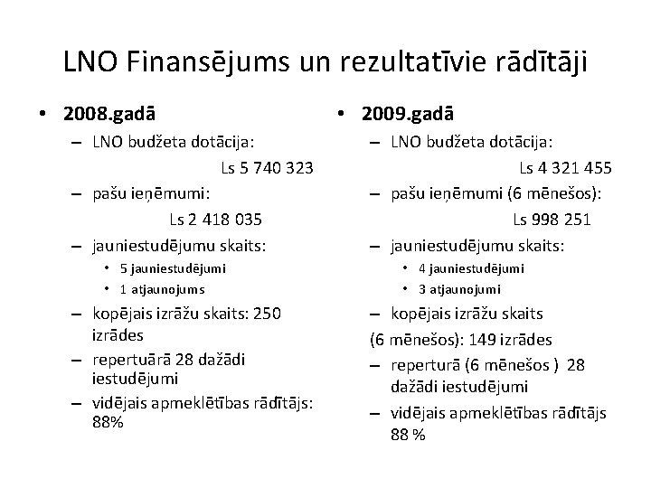 LNO Finansējums un rezultatīvie rādītāji • 2008. gadā – LNO budžeta dotācija: Ls 5