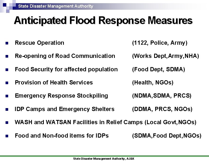 State Disaster Management Authority Anticipated Flood Response Measures n Rescue Operation (1122, Police, Army)