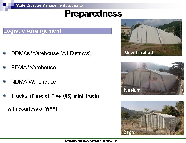 State Disaster Management Authority Preparedness Logistic Arrangement DDMAs Warehouse (All Districts) Muzaffarabad SDMA Warehouse