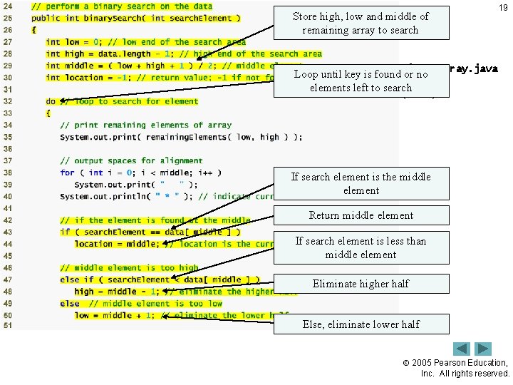 Store high, low and middle of Outline remaining array to search 19 Binary. Array.