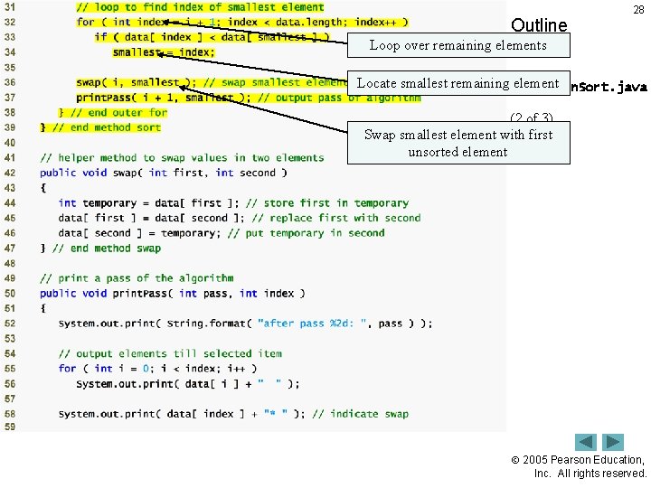 Outline 28 Loop over remaining elements Locate smallest remaining. Selection. Sort. java element (2