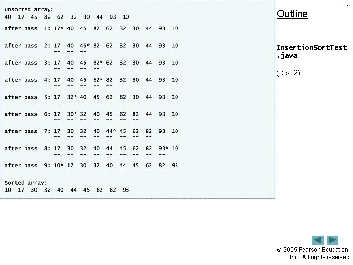 Outline 39 Insertion. Sort. Test. java (2 of 2) 2005 Pearson Education, Inc. All