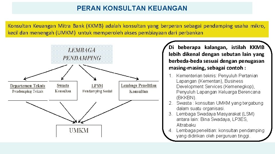 PERAN KONSULTAN KEUANGAN Konsultan Keuangan Mitra Bank (KKMB) adalah konsultan yang berperan sebagai pendamping