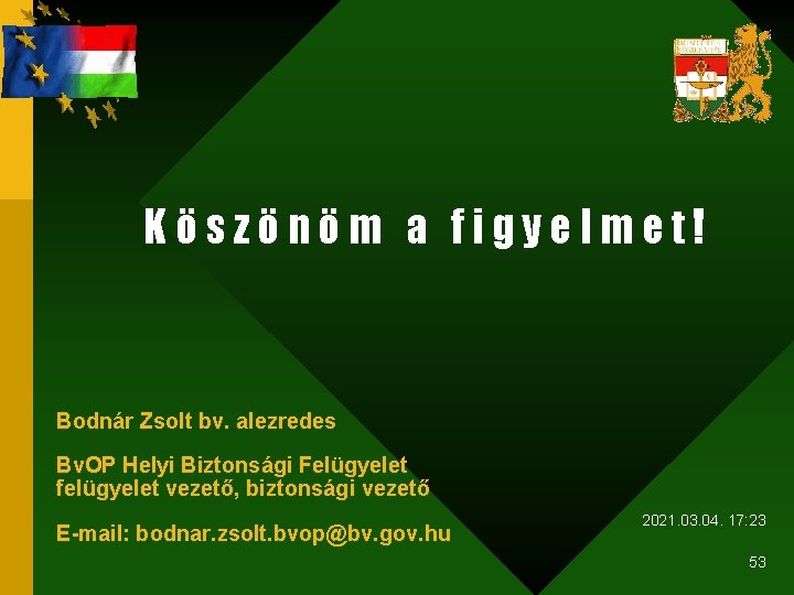 Köszönöm a figyelmet! Bodnár Zsolt bv. alezredes Bv. OP Helyi Biztonsági Felügyelet felügyelet vezető,