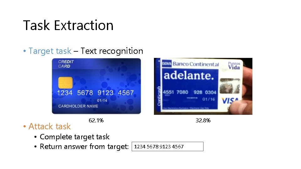 Task Extraction • Target task – Text recognition • Attack task 1234 5678 9123