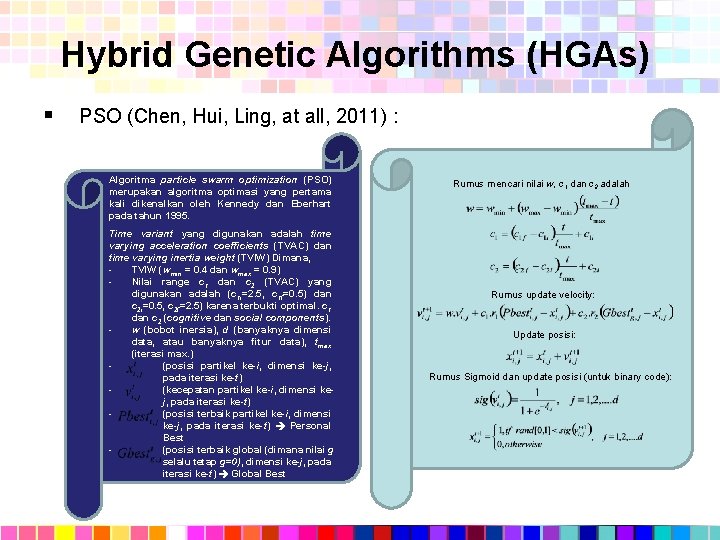 Hybrid Genetic Algorithms (HGAs) § PSO (Chen, Hui, Ling, at all, 2011) : Algoritma